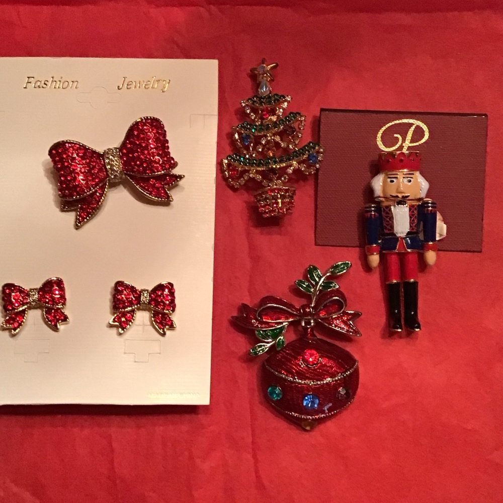 Festive Red and Gold Holiday Brooch Set X-Mas Bundle #5